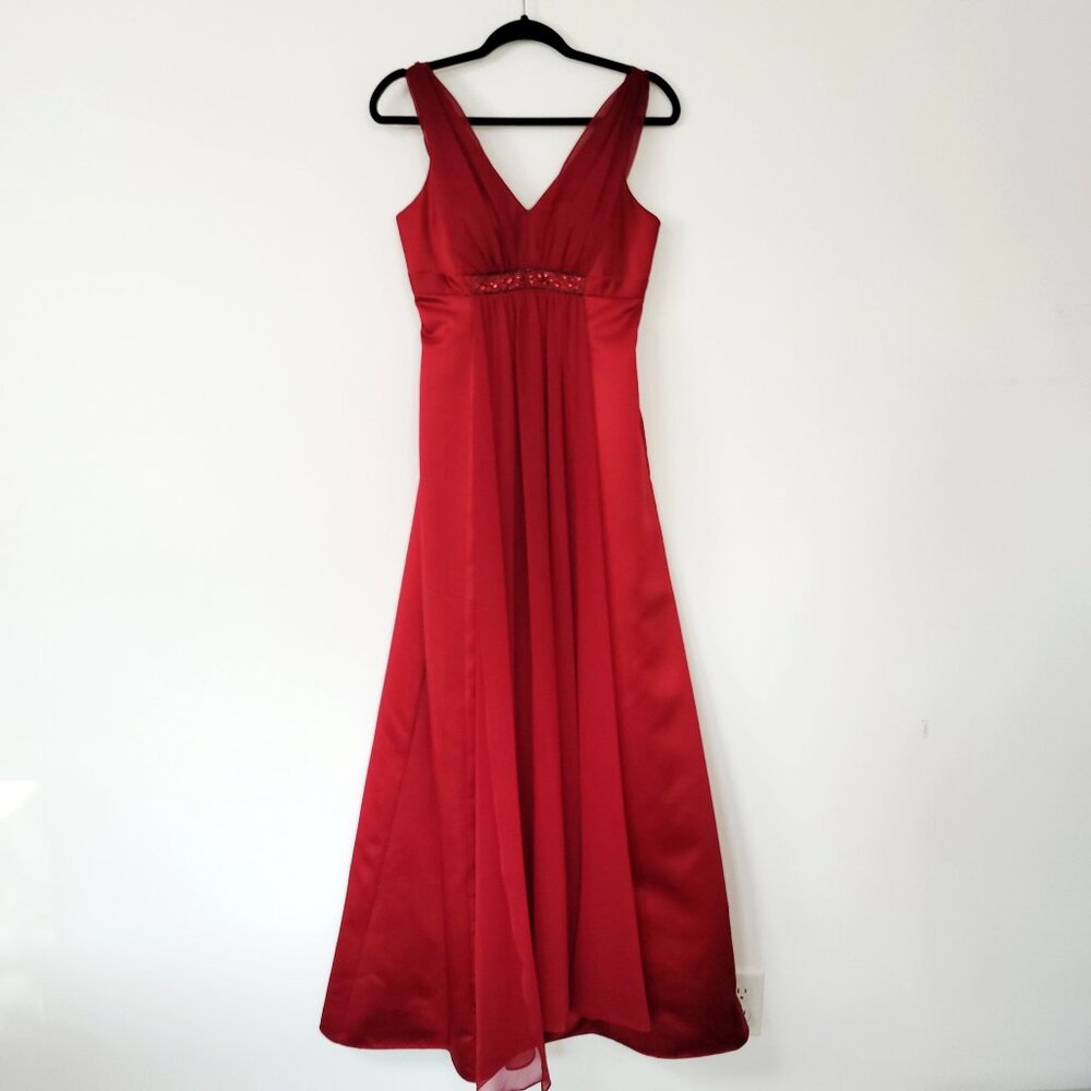 David's Bridal Red Satin Beaded Empire Waist Gown